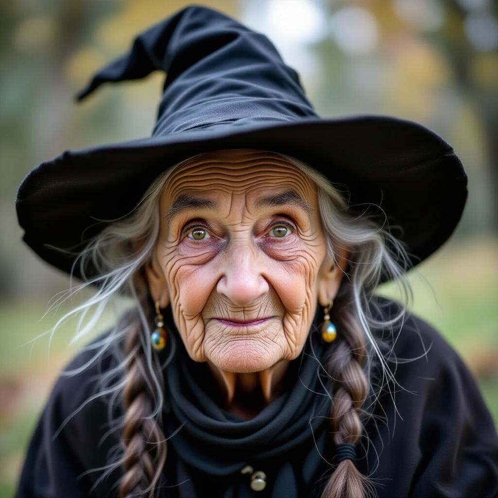 An old witch stares at the camera. She wears a black hat and dark clothing. Long grey hair peeks out from under her hat. Background is blurred with autumn colors. Exudes mystery and wisdom.