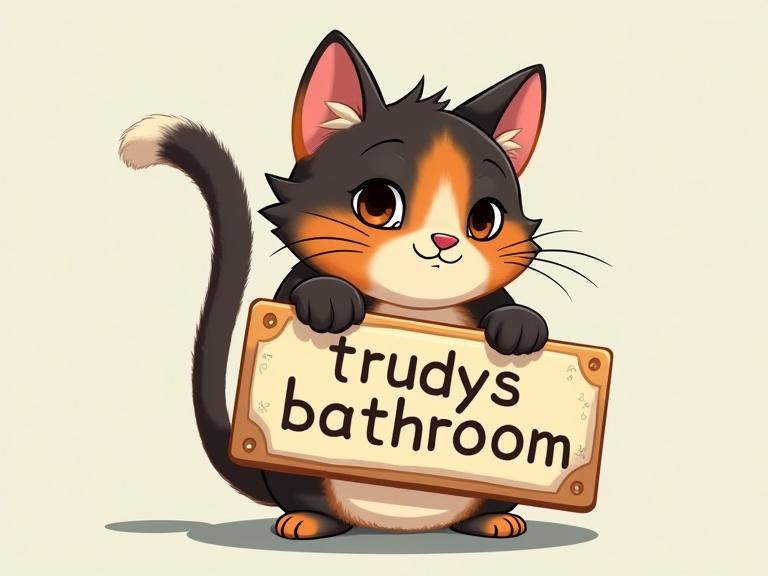 Cartoon style image. A tortoiseshell cat with a white tipped tail and paws. Cat holds a cute sign. The sign says 'trudy's bathroom'.