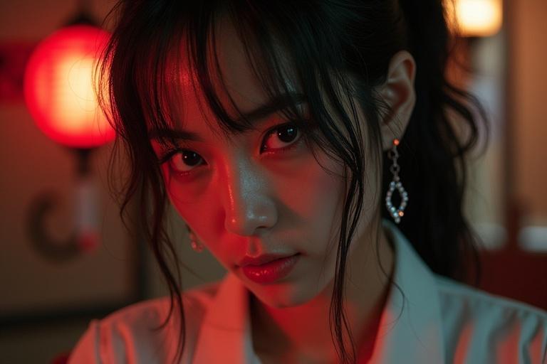 Close-up portrait of a woman with yakuza style. Intense eyes, dark hair, earrings. Background with red light.