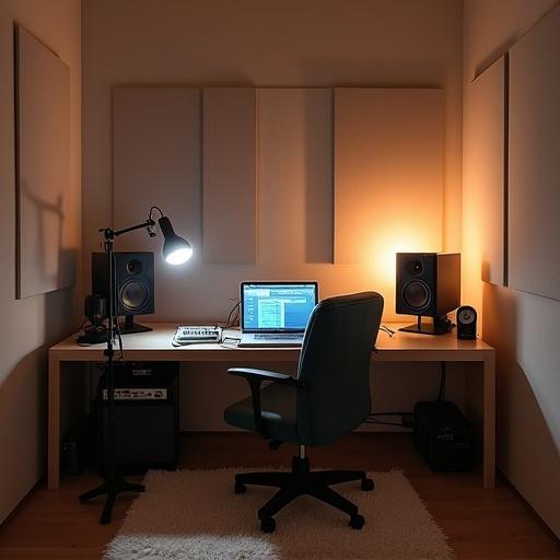 Interior view of a minimalist recording studio. Clean desk has a laptop and audio interface. Two studio monitors positioned on either side of the desk. A microphone mounted on a stand. Soft ambient lighting from a lamp. Acoustic foam panels on walls. Cozy chair stands next to the desk. Room appears neat and functional, designed for calm and simplicity.