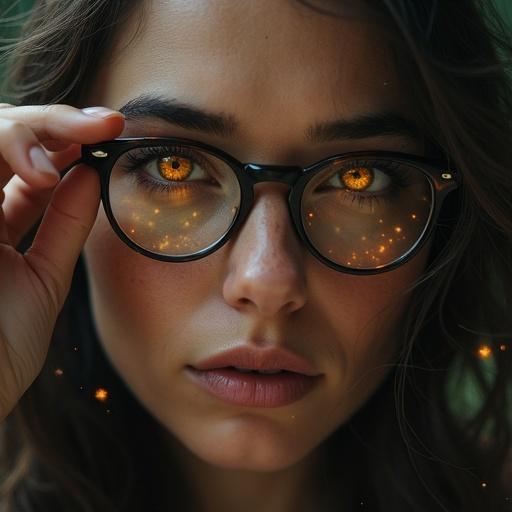 A woman removes her glasses revealing glowing eyes. Arcane runes reflected in her iris. Hair is windblown. The gaze is intense and emotional. The lighting is ambient with natural shadows. A faint magical aura surrounds her eyes. Sparks of light scatter in the air. The background has a soft focus. A blend of realism and fantasy is evident.