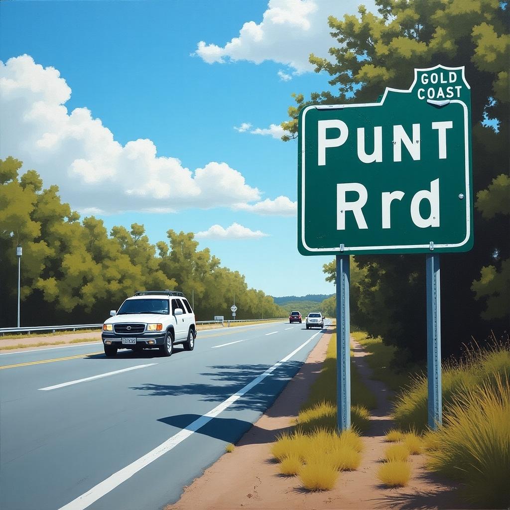 A highway sign reading Punt Rd with direction to Gold Coast 1,695km. Realistic illustration showing cars on a sunny day. Lush green trees lining the highway. Graffiti-free clean signage. Bright blue sky with fluffy clouds.