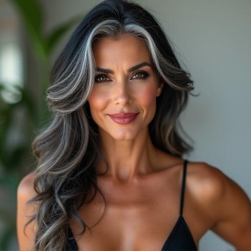 A mature woman with long black and white hair and smooth skin poses confidently in a black bikini. She has sophisticated makeup featuring dark eyes and red lipstick. Her tall, muscular shape exudes strength, with a sweet smile that captivates. The blurred background enhances her striking presence.