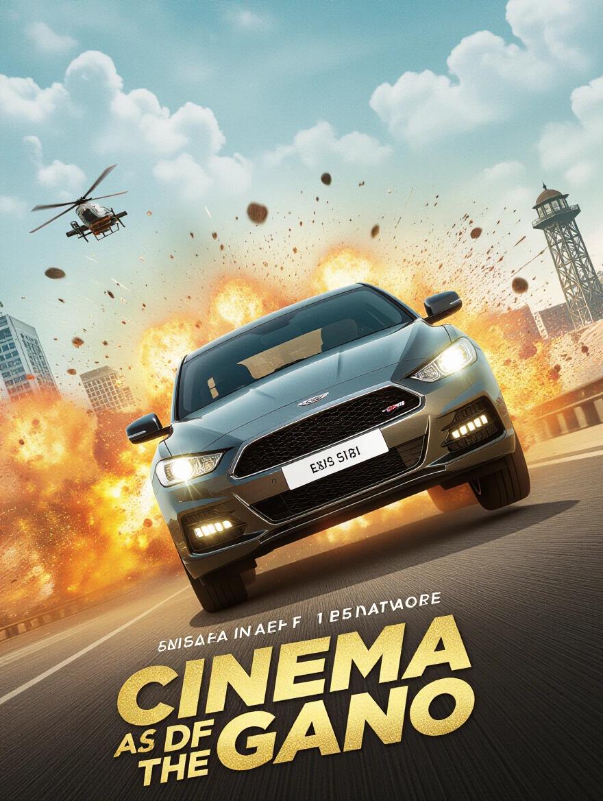 Bollywood action movie scene featuring a supercar in motion with explosions. Helicopter in the background. Focus on dynamic energy and excitement. Cinematic style emphasizing thrills.