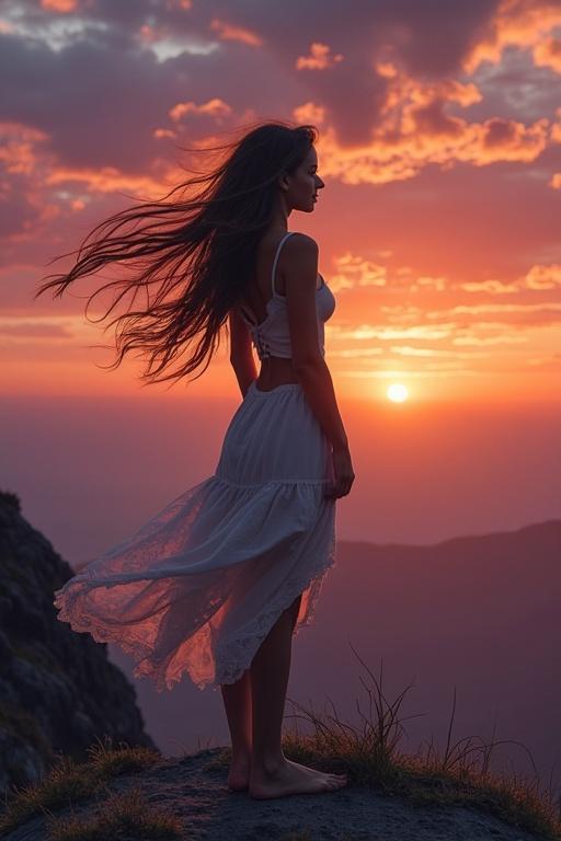 A silhouette of a woman in a flowing white dress standing on a mountain ledge during sunset. The sky is filled with vibrant colors like orange, pink, and purple. Hair blows in the wind.