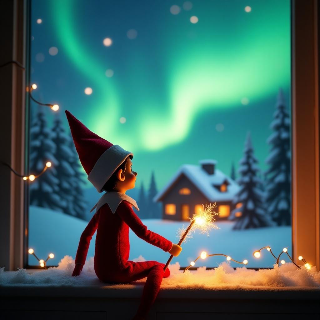 Elf on the shelf gazing at northern lights. Elf holds glowing wand. Cozy house in the distance. Snow covers the ground. Christmas magic and wonder are present. Message on the wand is about recovery from cold and gingerbread houses.