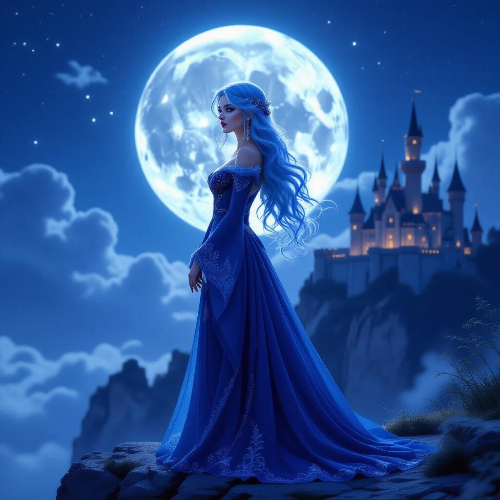A captivating figure stands beneath a luminous full moon. The moonlight bathes the scene in silvery light. The figure has long flowing hair in a striking shade of blue. She wears a deep blue gown with intricate detailing. The gown has shimmering accents. The majestic castle is perched on a rocky cliff. Soft clouds drift across the night sky. The atmosphere is mystical and serene.