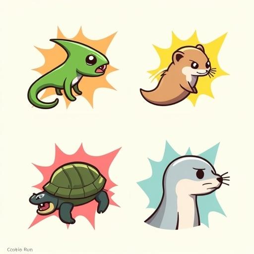 Minimalistic cartoon-style animal avatars inspired by Pokémon and Cookie Run. Each animal in dramatic side-profile headshot showing mouth mid-attack. Clean outlined colorful style in limited palettes. Animals: Chameleon with curled tongue vivid green, Ferret fierce with tiny fangs beige and brown, Turtle sturdy with growling mouth green and earthy shell, Seal intense wide mouth barking light gray and white. Exaggerated expressions simplified anatomy bold outlines dynamic effects behind