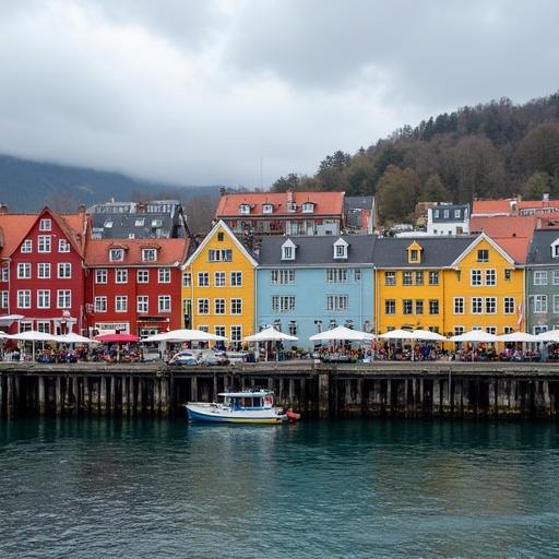 View of Bergen port with colorful houses and shops