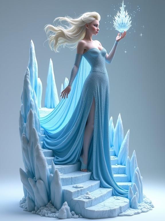 A detailed 3D resin statue inspired by Elsa from Frozen. A powerful woman climbs an icy staircase created with magic. Elegant pose in an icy blue gown with a high slit. Flowing platinum blonde hair. One hand raised casting an icy spell. Base sculpted with icy stalactites and fragments of an ice castle. Full body collectible art with cinematic lighting. No background.