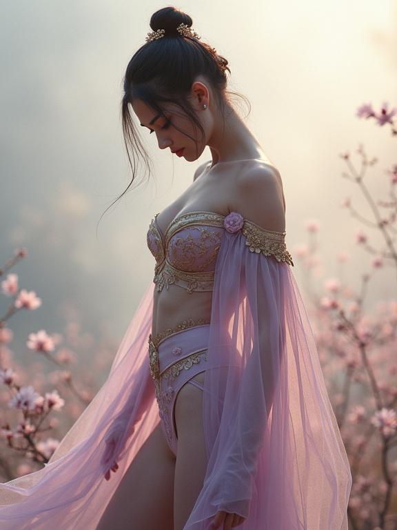 Misty dawn with a Chinese princess bending back. Wearing light armor with gold accents. Flowing sheer cape and cherry blossoms. Light purple flower pattern undies. Dark hair styled traditionally. Ultra low angle shot shows full body.