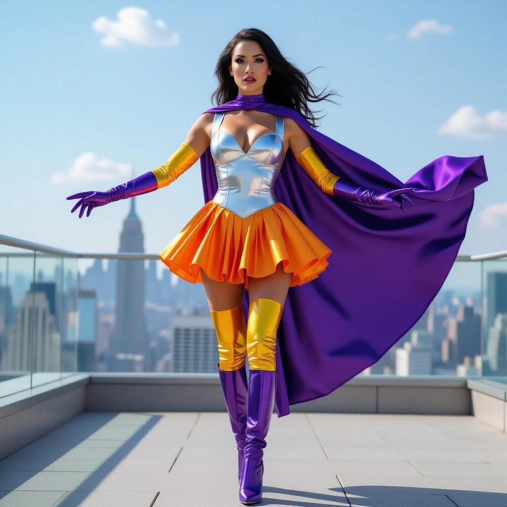 A superheroine floats above a terrace. She wears a metallic silver latex outfit. Long purple gloves and high-heeled boots enhance her look. A purple cape flows dramatically. An orange pleated micro skirt adds detail. The city skyline forms the backdrop.