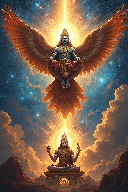 Vivid depiction of Garuda Purana. Lord Vishnu on Garuda radiates divine energy. Vishnu holds conch discus mace and lotus. Garuda soars through cosmic realms with shimmering wings. Below Yama presides over judgment hall. Souls receive karmic rewards or punishments. Background blends celestial elements swirling galaxies glowing inscriptions.