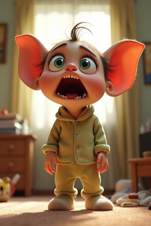 A hyperrealistic 3D cartoon humanoid creature with oversized eyes huge ears and sharp little teeth standing stiff with hands to the sides mouth in a tight line eyes wide in exaggerated panic wearing tight pajamas and slippers in a messy bedroom with sunlight through curtains