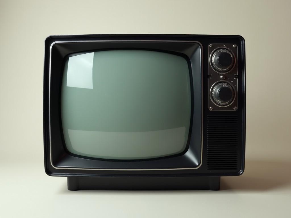 A vintage television set from the mid-20th century with a black and white screen, featuring control knobs and a speaker grille, placed against a neutral background, highlighting the nostalgic design elements.