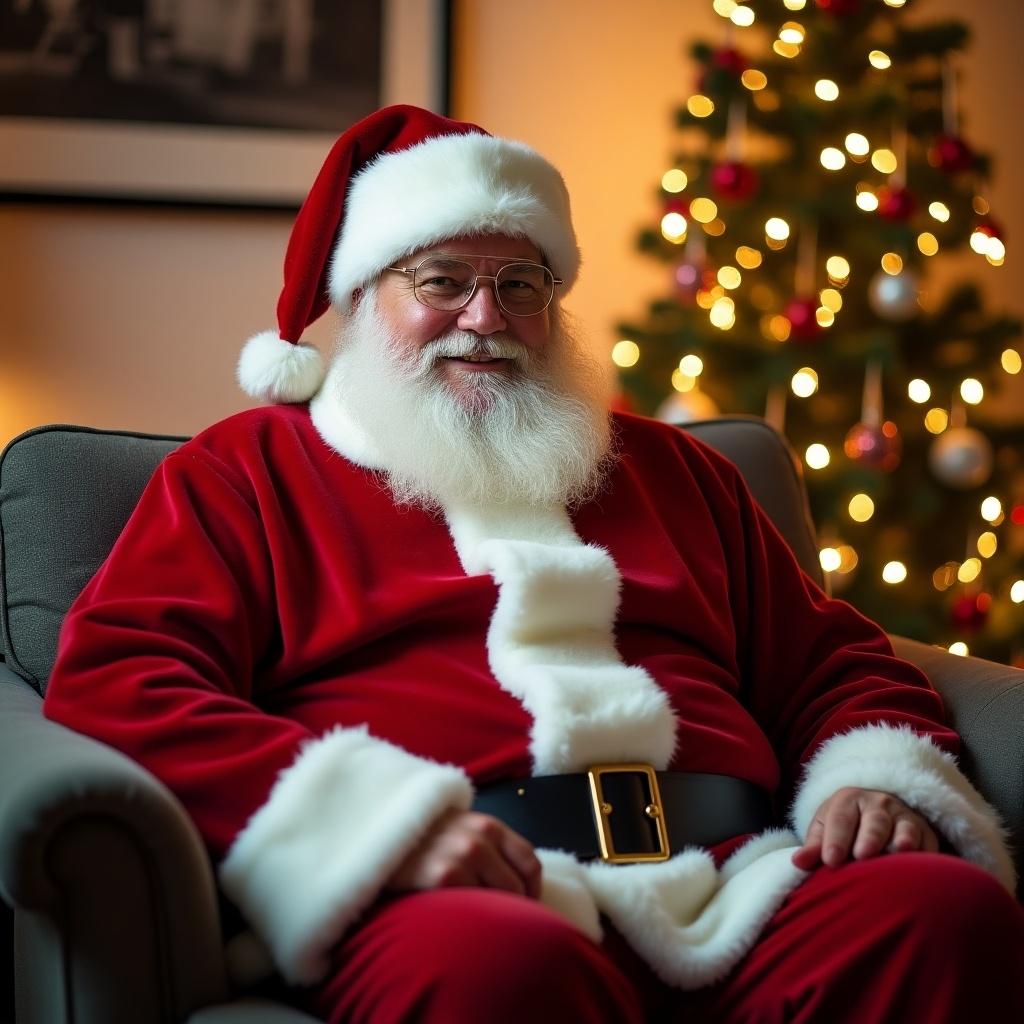 Person dressed as Santa Claus relaxing on a sofa with festive lights in the background. Cozy and humorous atmosphere.