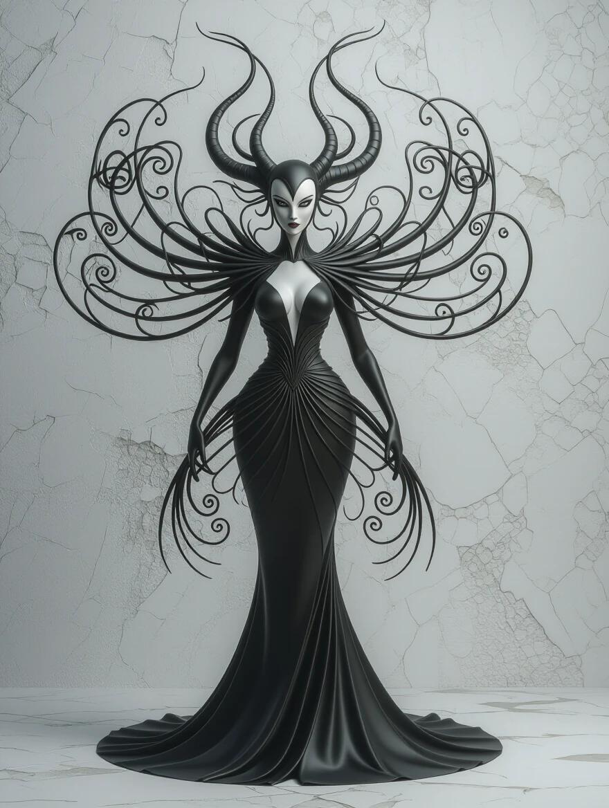 3D representation of a glamorous creature inspired by Klingon aesthetics in a mixed media style. The character has a dramatic black gown with intricate designs and intricate horn-like features. Soft lighting and a modern artistic background.