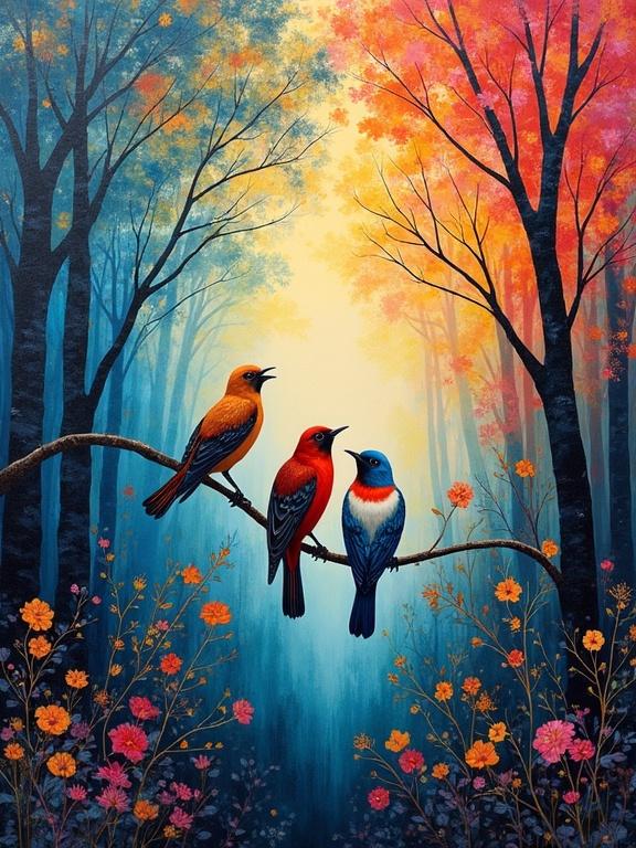 Colorful birds are perched on a branch in a vivid forest scene. The artwork features a decorative Fauvist style. Gouache on board with dry layering technique captures the beauty of nature.