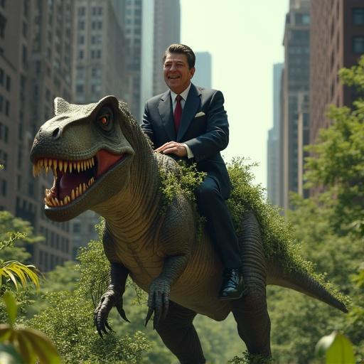 Ronald Reagan on a T-Rex in New York City. Environment resembles jungle. City skyscrapers in background with greenery.