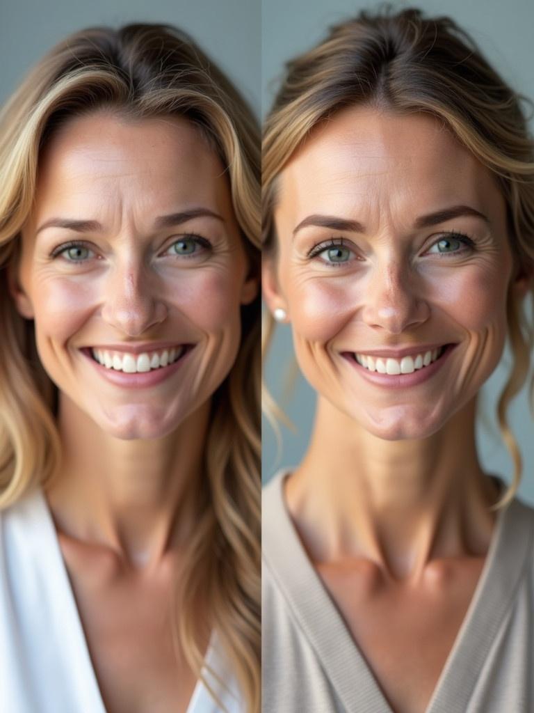 Image shows two mature women undergoing anti-aging LED therapy treatment. One woman appears before treatment with a neutral expression. The other woman appears after treatment smiling and showcasing results.