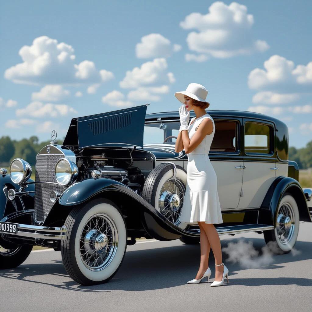 Photorealistic image features 1928 roadside scene. Art Deco socialite wears white cloche hat and dress. She stands beside an opened Mercedes-Benz 18/100 PS Sportwagen. Both palms pressed to cheeks reflect comedic despair. Straight-six engine visible with steam clouding the scene. Shot captures ultra-sharp details in golden hour light. Misty mountain pass offers soft background.