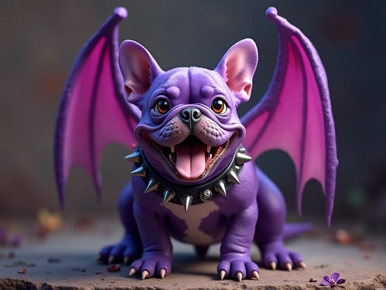 Purple English Bulldog with dragon wings. Bulldog has a spiked collar. Big fangs and happy expression.