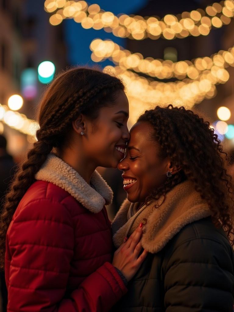 A joyful Christmas celebration scene in a vibrant urban setting with festive street lights. Sense of intimacy and warmth during the holiday season. Two women share a tender moment.