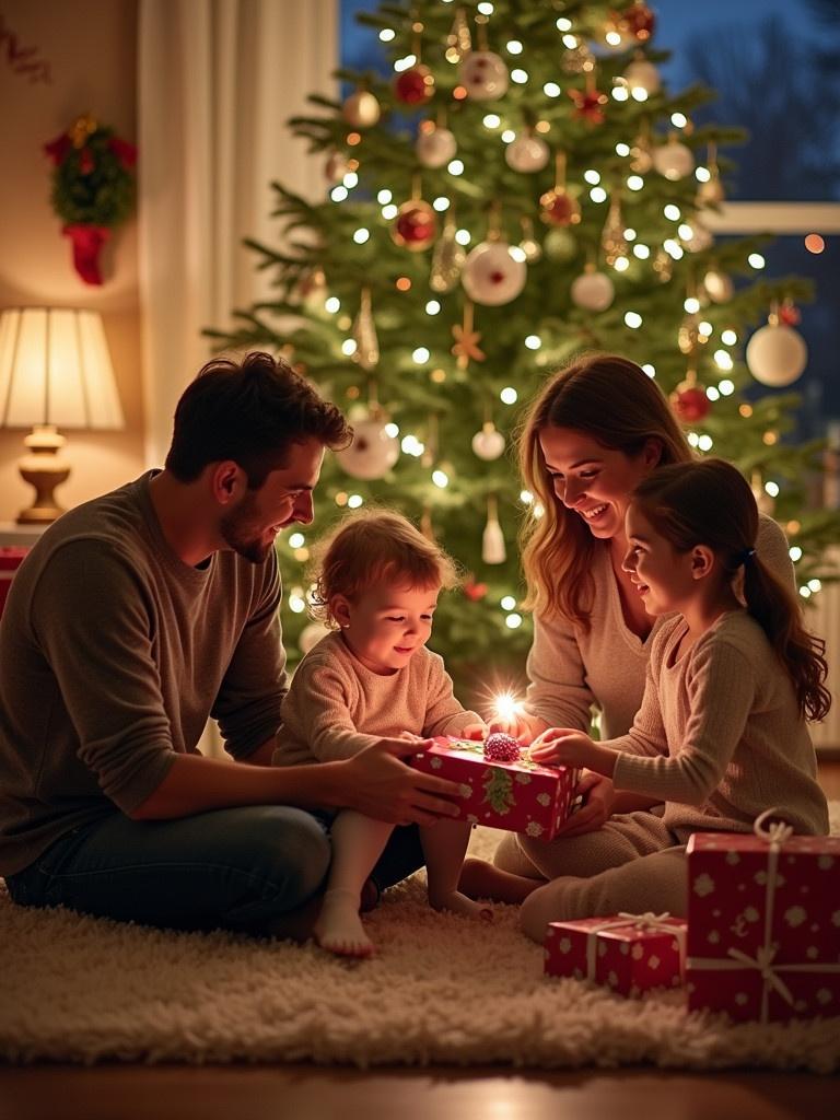 Family enjoys a Christmas Eve celebration together. Parents and two children exchange gifts while sitting on a cozy rug. Christmas tree brightly illuminated in the background. Gifts scattered around the room. Happy faces create a warm, inviting atmosphere.