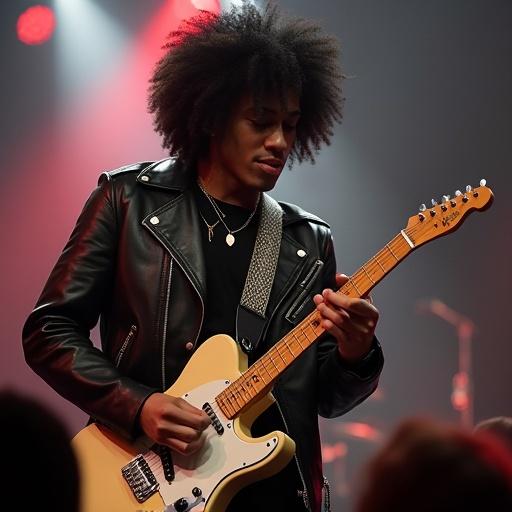 Biracial male playing guitar on stage in leather jacket. Curly hair styled. Performing in front of a crowd at a college event. Wearing a necklace. Vibrant atmosphere.