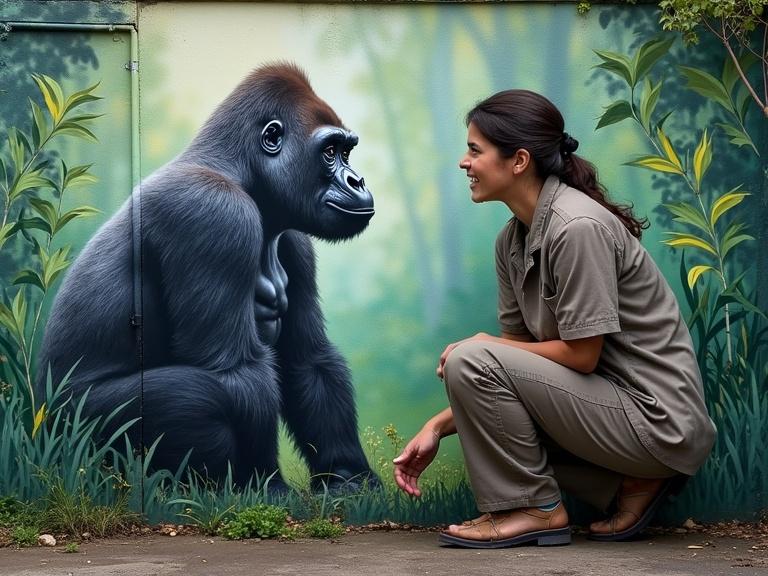 A tribute mural depicting a gorilla alongside a human caretaker on a jungle-themed wall. The scene is designed to be emotional and inspiring, emphasizing themes of conservation and the bond between species.