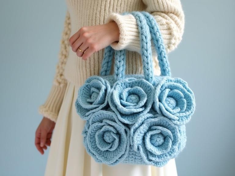 Hand-crocheted light blue handbag with large rosettes made of yarn. Bag has padded handles. Person wears a cream sweater and ivory skirt. Cozy winter outfit style. Romantic handmade vibe.