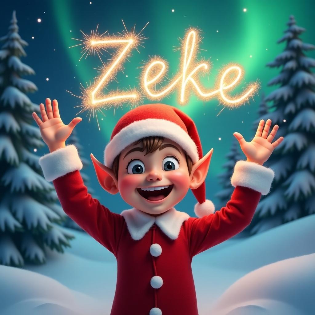 A joyful boy elf waves cheerfully in a festive red outfit with a Santa hat. Magical winter scene with snow-covered trees and vibrant northern lights. Name Zeke written in sparklers. Warm atmosphere.