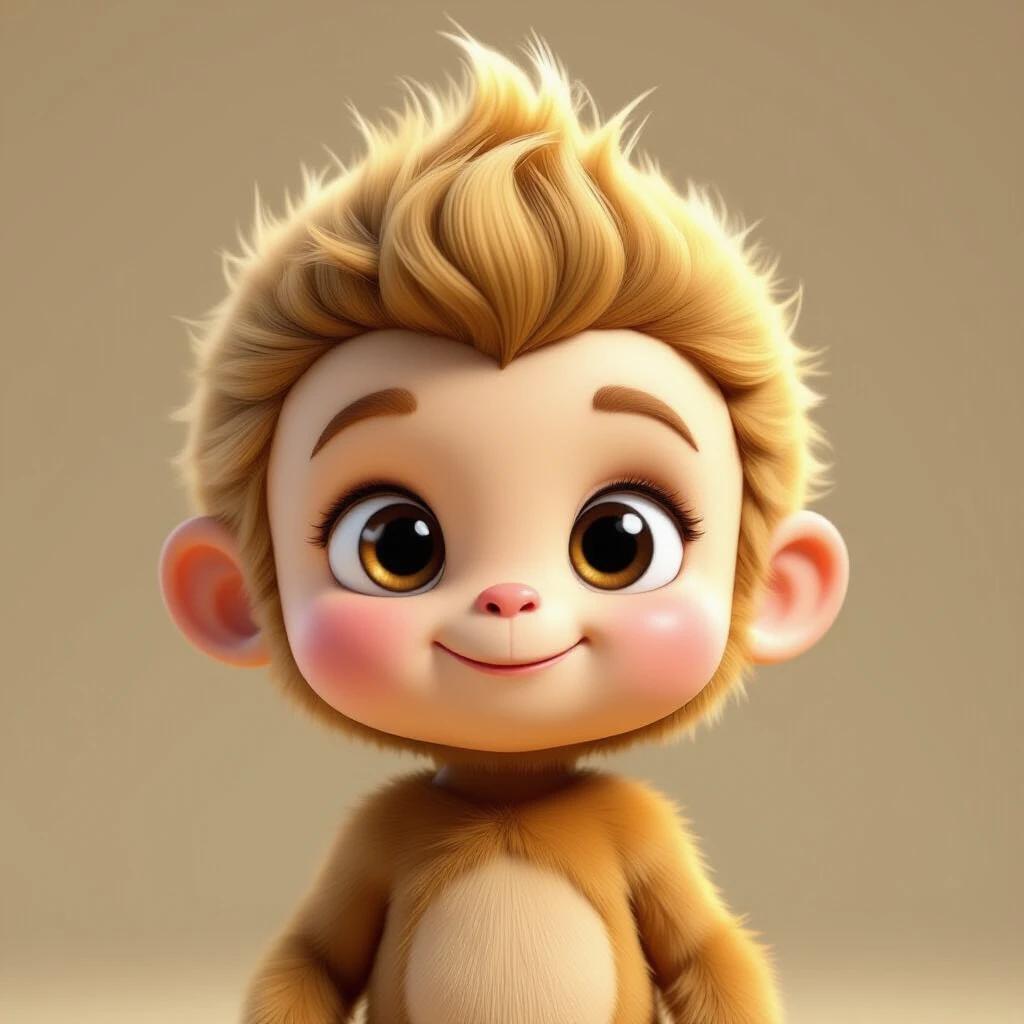 3D cartoon baby boy character with monkey head. Round chubby face with big bright eyes and small cute nose. Short fuzzy golden hair. Ancient style.