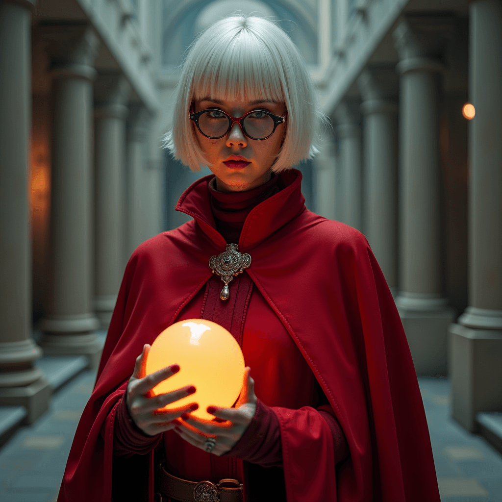 A mysterious figure in a red cloak with white hair and glasses holds a glowing orange orb in an ornate corridor lined with columns.