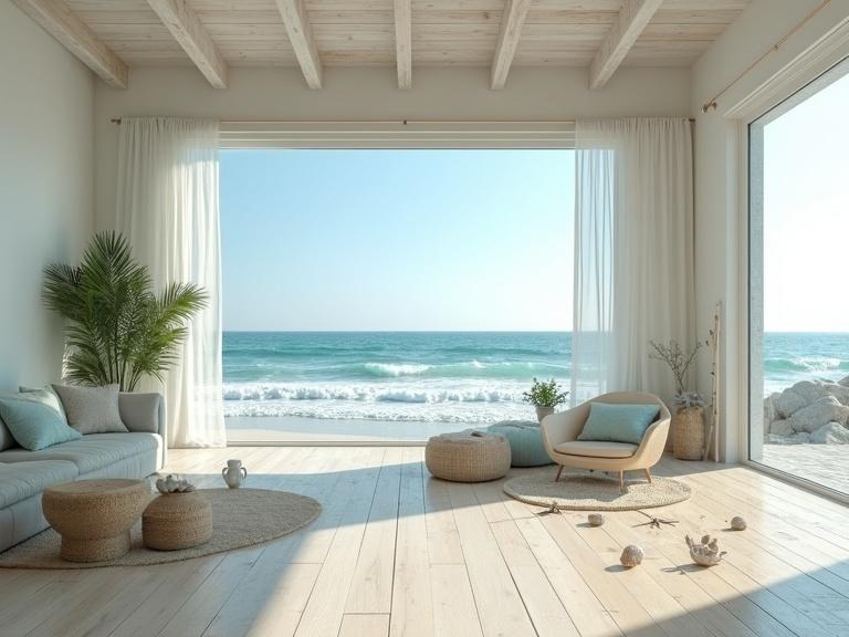 Coastal style living room with open floor plan. Ocean waves gently entering from outside. Water on the floor. Seashells and sand scattered on the surface. Soft natural sunlight illuminating the space. Whitewashed wood beams and walls enhance the coastal feel. Light blue and beige tones used in furnishings and decor. Modern coastal furniture arrangements. Elegant minimalistic design approach. Cinematic composition viewed through a 35mm lens. Soft focus rendering a dreamlike atmosphere. Overall serene and surreal presentation.