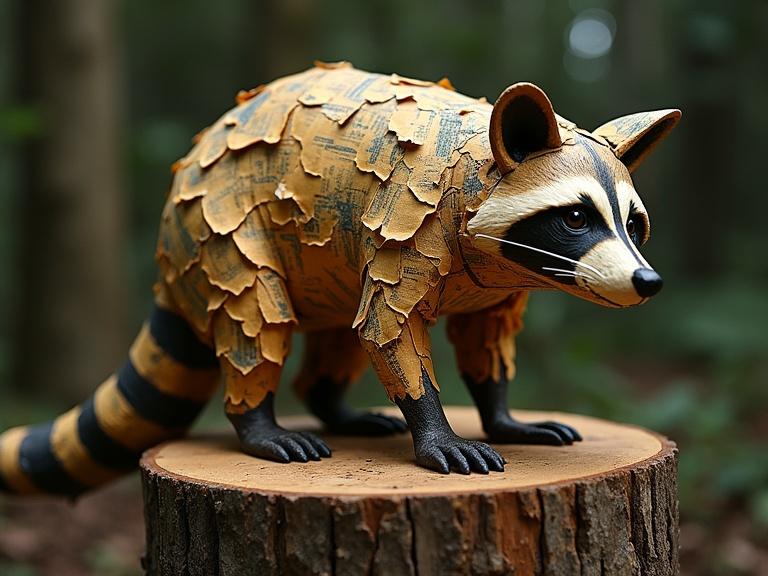 Paper mache sculpture of a raccoon crafted with layers of yellowed old newspaper print. Entire sculpture set on a wooden stump in a forest. Close up view with dynamic moonlit lighting highlighting textured layers. Tactile earthy aesthetic reminiscent of mixed media artists.
