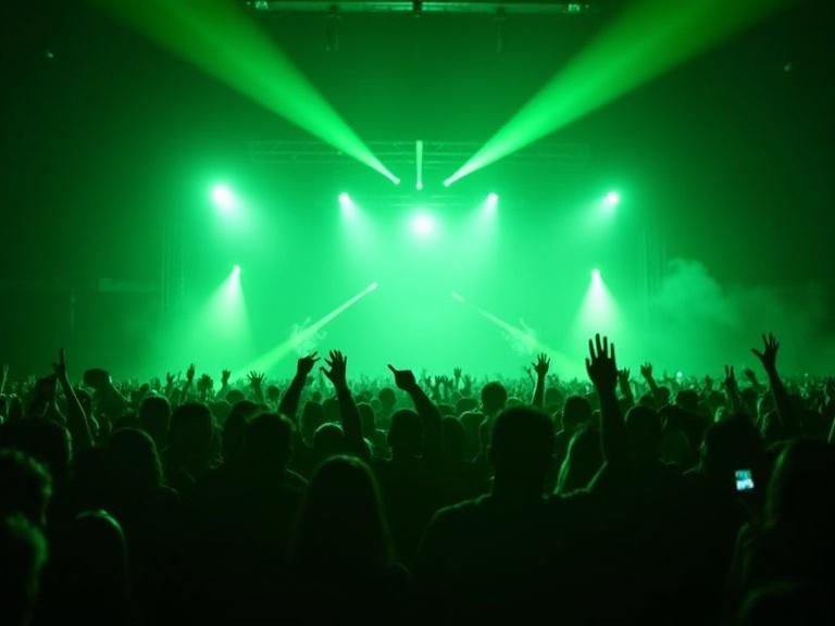 Concert stage viewed from audience. Black grid floor with electric emerald green spotlights. Swirling stage smoke with green laser beams. Silhouetted crowd in front with raised hands and some holding glowsticks.