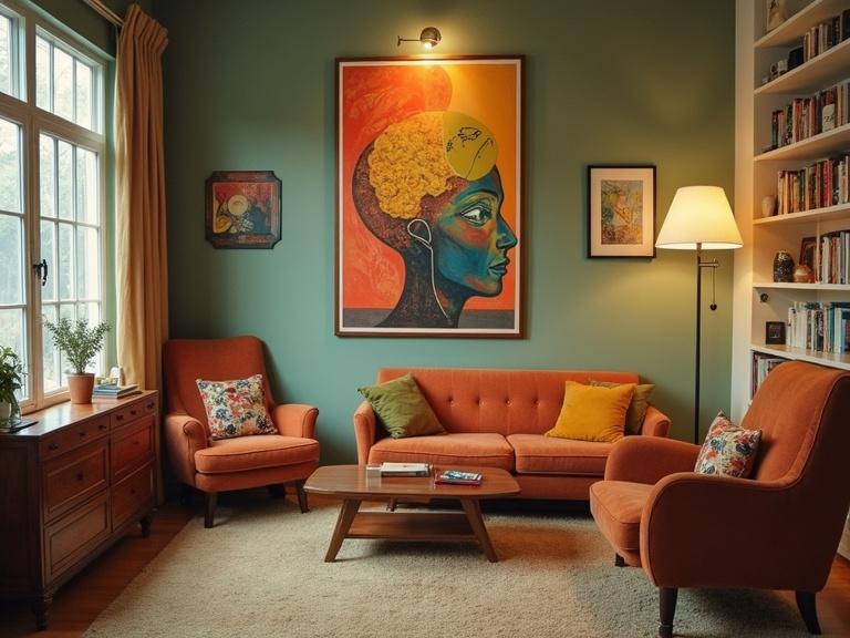 Stylish living room with mid-century modern furniture. Bold and colorful wall art featuring a woman's portrait. Soft neutral lighting throughout the space. Cozy seating arrangement with decorative pillows.