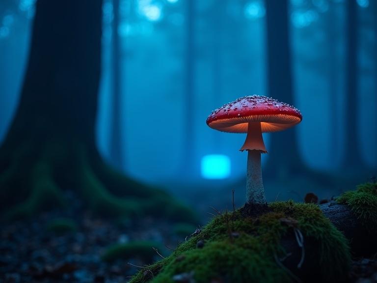 Spooky forest at night with mist and ancient trees. Glowing red mushroom with white spots stands in focus. Blue cube glows softly in the background providing light. Unseen creatures add to atmosphere. Ethereal and mysterious setting.