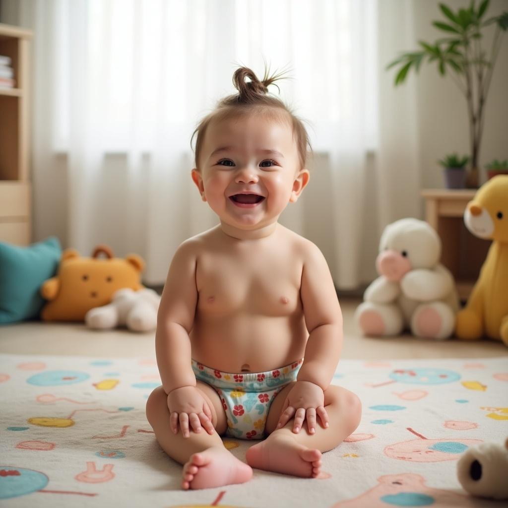 Baby sitting on a colorful mat in a nursery with plush toys in the background. Full diaper visible. Focus on the innocence and playfulness of the baby.