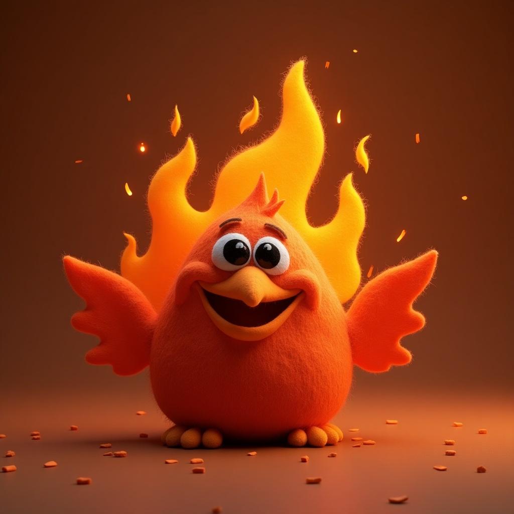 A friendly flame character made of felt with wings. The character is bright orange and has a cheerful smile. Orange and yellow flames are stylized above the character. The background is a soft gradient with warm tones. Confetti is scattered around the character.