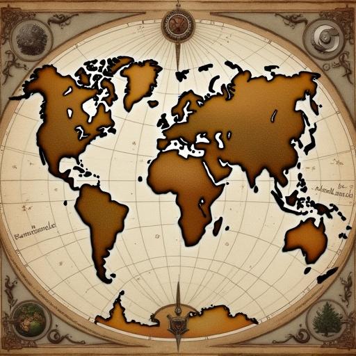 Detailed historical world map from the year 1000 showcasing known continents and trade routes. Vintage parchment-like texture with period details such as sea monsters, mythical creatures, ornate compass roses.