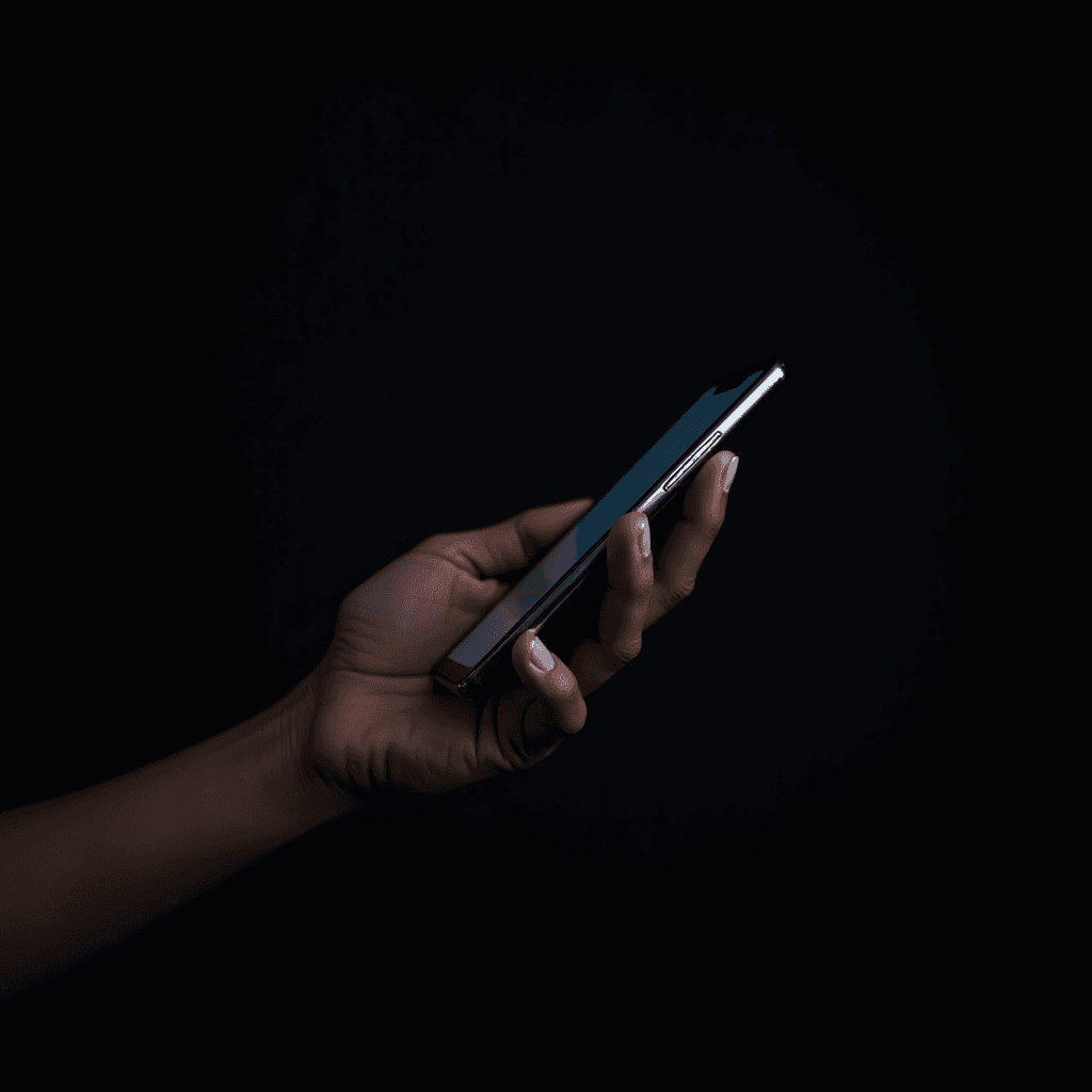 A hand gracefully holds a smartphone against a stark black background.