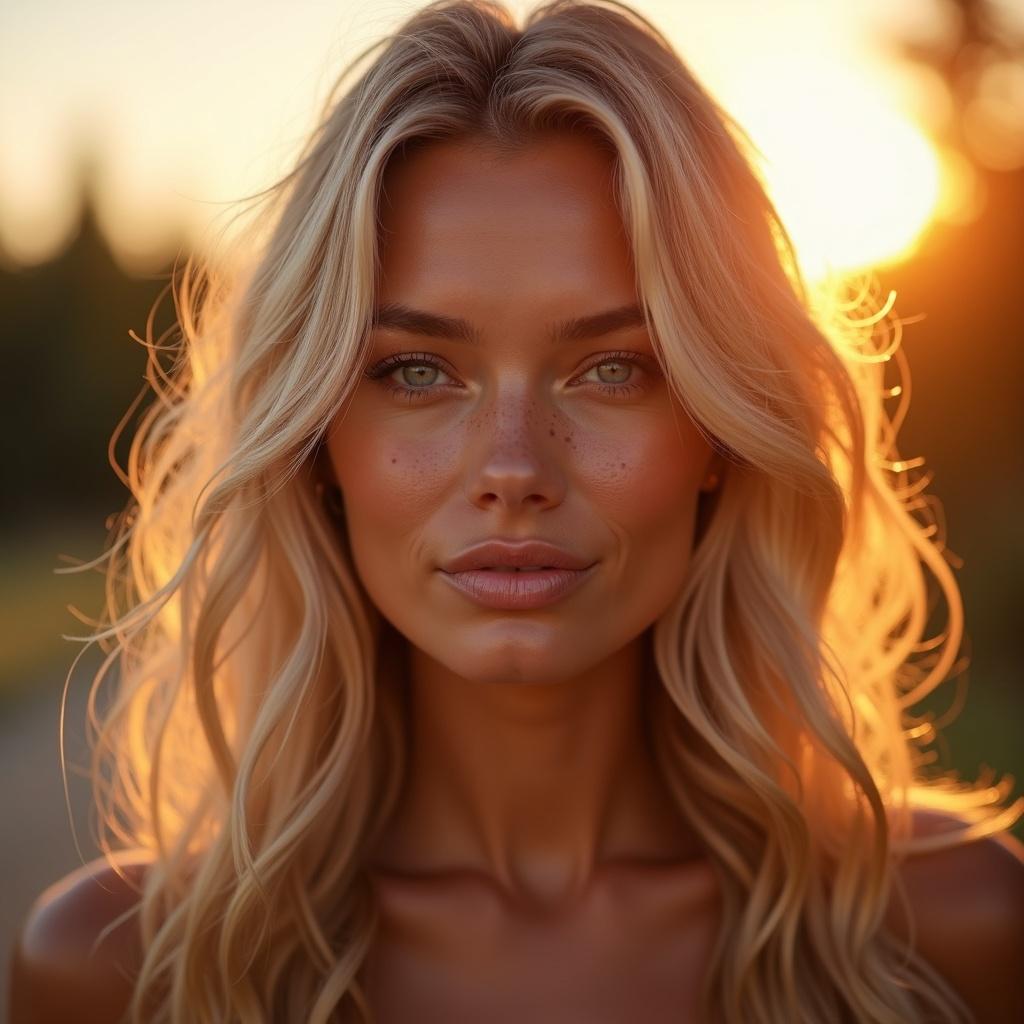 Portrait of a Nordic influencer during golden hour. Long wavy blonde hair with purple streaks shines in sunlight. Captivating violet eyes are expressive and playful. Light freckles on sun-kissed cheeks. Slim, sculpted nose and full, glossy lips. Athletic figure exudes health. Relaxed, graceful posture with shoulder turned. Dreamy background of blurred pine trees or fjords in amber light.