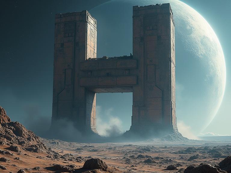 A massive sci-fi structure resembling the letter 'H' lands on a barren planet. The scene features realism and dynamic shadows. A large celestial body looms in the background.