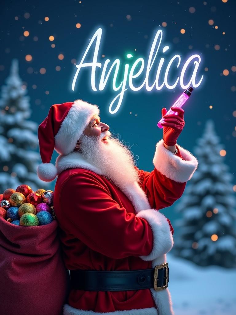 Santa Claus in vibrant red suit. Festive winter landscape with snow-covered trees. Santa writes 'Anjelica' in night sky using a colorful glow pen. Sack filled with ornaments. Soft lighting creates a magical atmosphere. Evokes a sense of wonder for holiday celebrations.