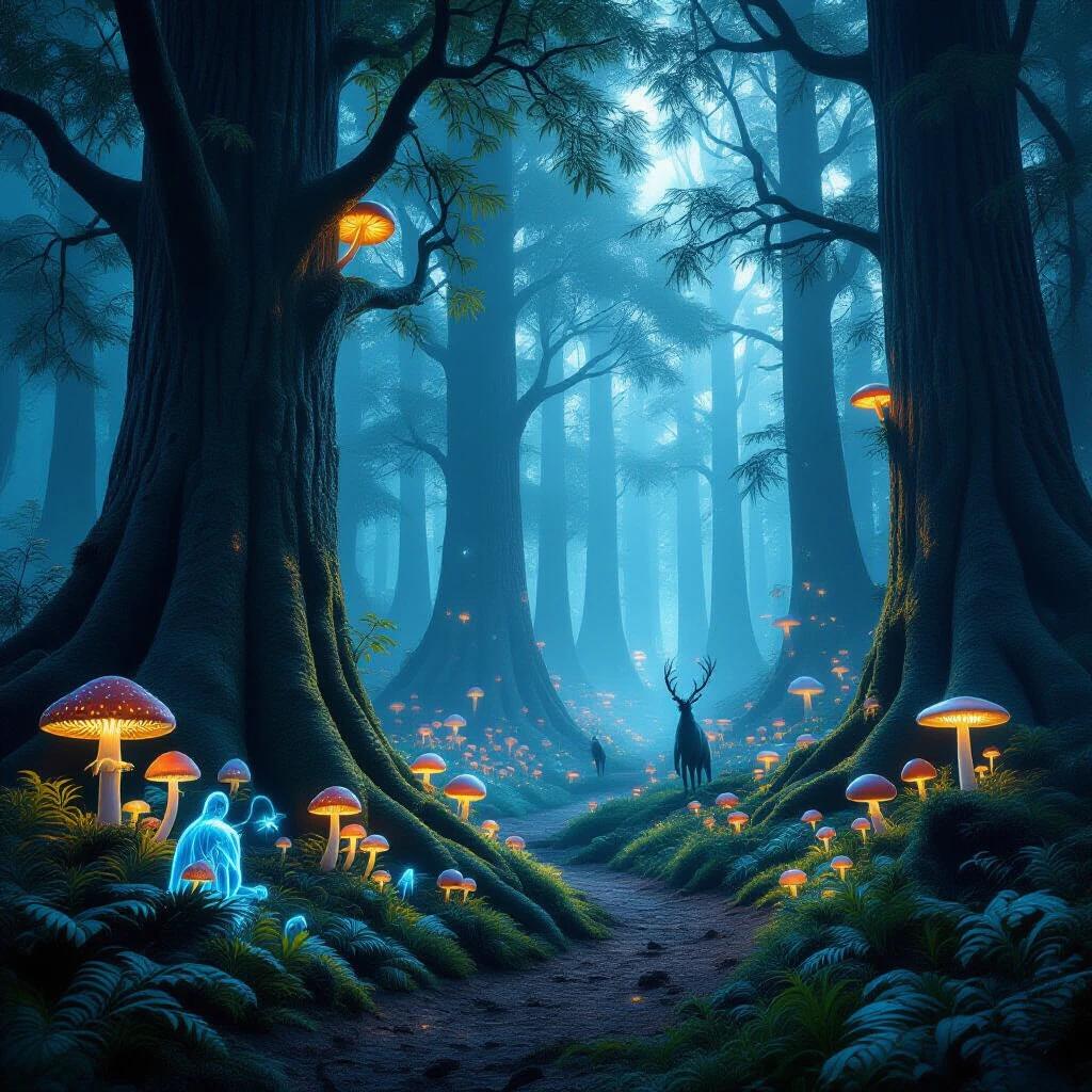 Create an enchanted forest. Include towering trees and glowing mushrooms. Add ethereal creatures. The scene should be hyper-realistic and cinematic. Aim for 8K resolution.
