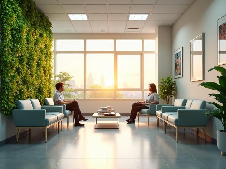 Big doctors waiting room features a green wall with plants. Two patients sit waiting. A table holds magazines. Pictures decorate the walls. Bright sunrise colors illuminate the space with ambient lighting. The scene is hyper-realistic.