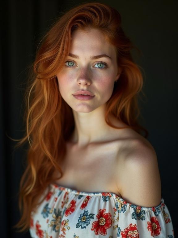 Photograph of a young woman with wavy auburn hair and blue eyes. She wears an off-the-shoulder floral blouse. Her expression is calm and introspective. The background is black and out of focus. Soft natural light highlights her features.