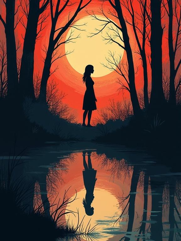 A silhouette of a girl stands before a large moon. The scene is vivid with red and orange hues. The water reflects the silhouette and the colors. The setting is surrounded by dark trees.